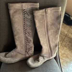 UGG Women's Over-The-Knee Fringe Suede Boots in Taupe